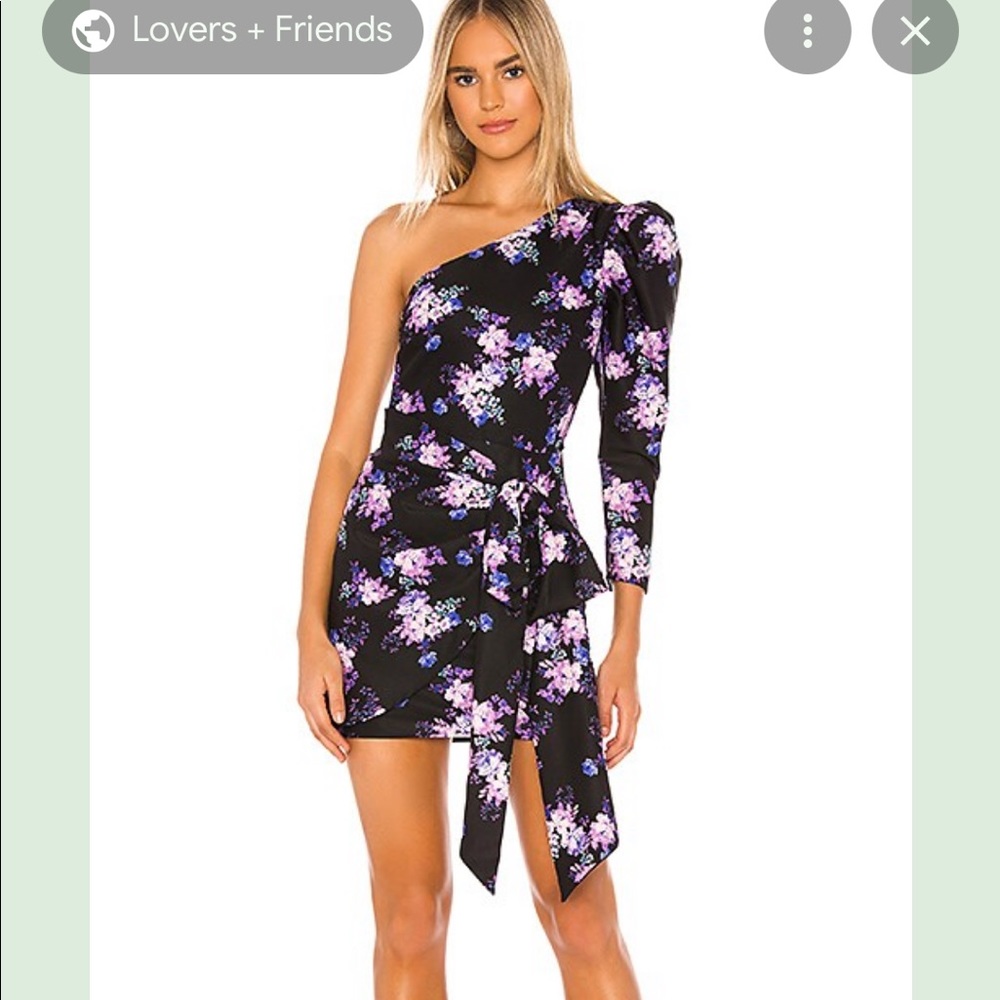 Lovers + Friends Black One-Shoulder Floral Mini Dress with Purple Flowers